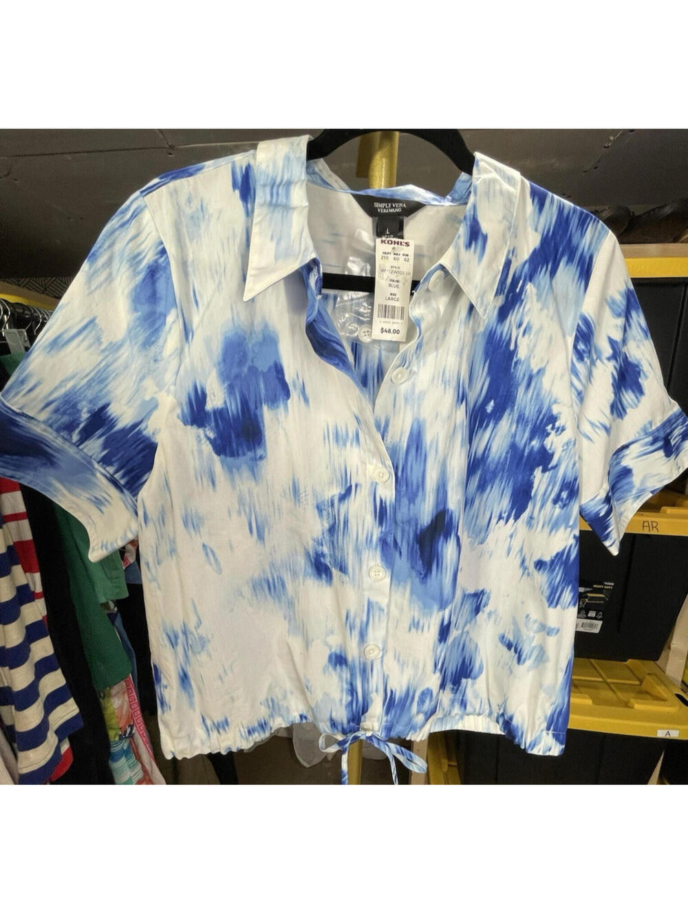 NWT Simply Vera Wang Cotton Tie Dye Blue White Drawstring Hem Button Up Top L